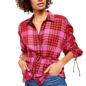 We the Free Red Ruched Plaid Collared Shirt